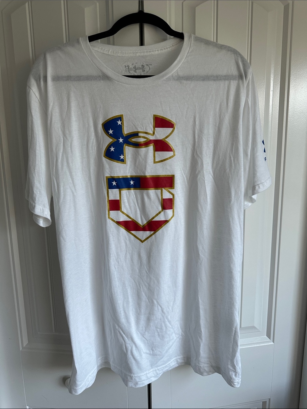 Under Armour White Short Sleeve Tee with Red, White & Blue Logo